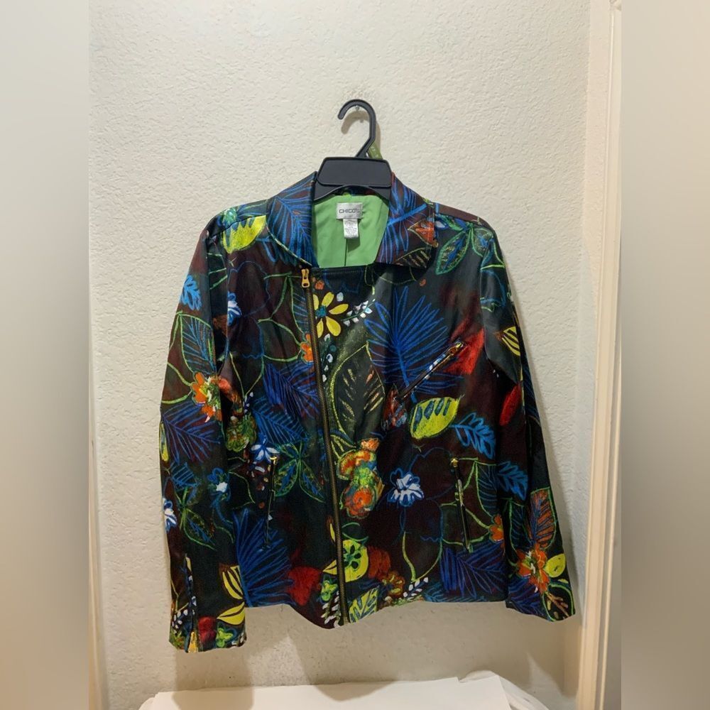 Chico's Whimsical Night Gretta Moto Jacket Tropical Floral Print Women's 2